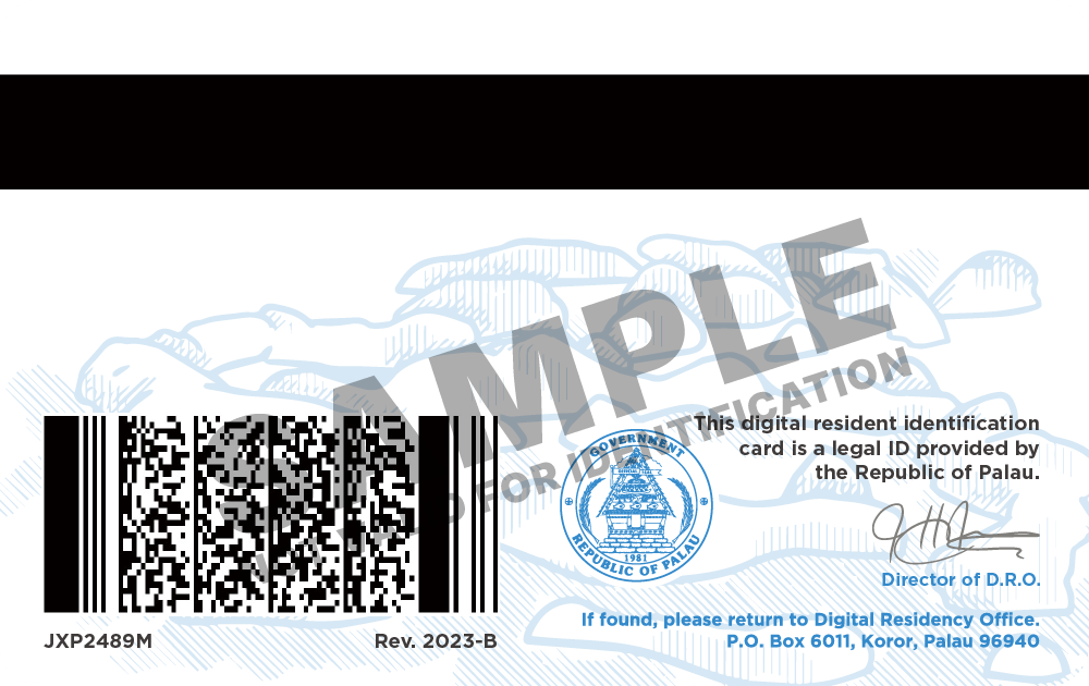 Rev. 2023-B back sample, showing the barcode, signature, revision mark, and SAMPLE watermark.