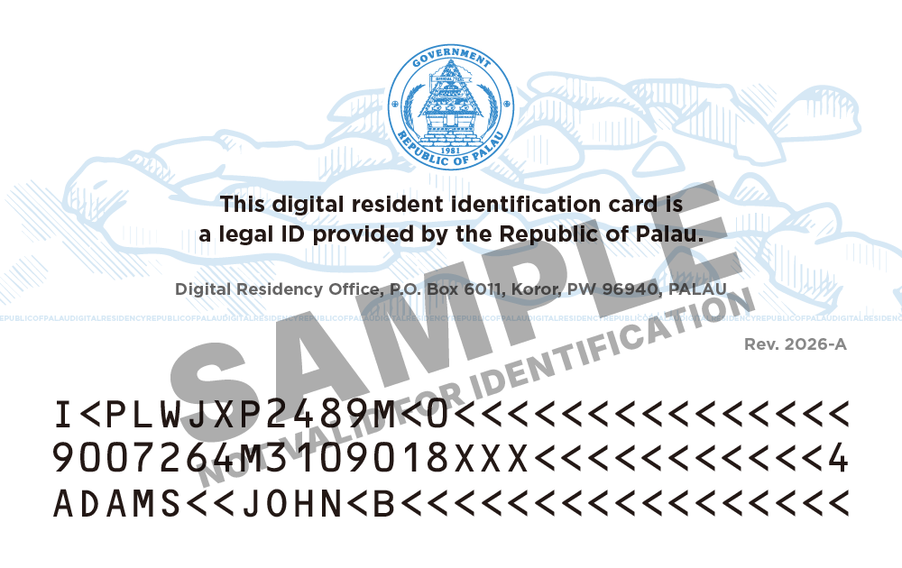 Rev. 2026-A back sample, showing the revision mark, three-line MRZ, and SAMPLE watermark.