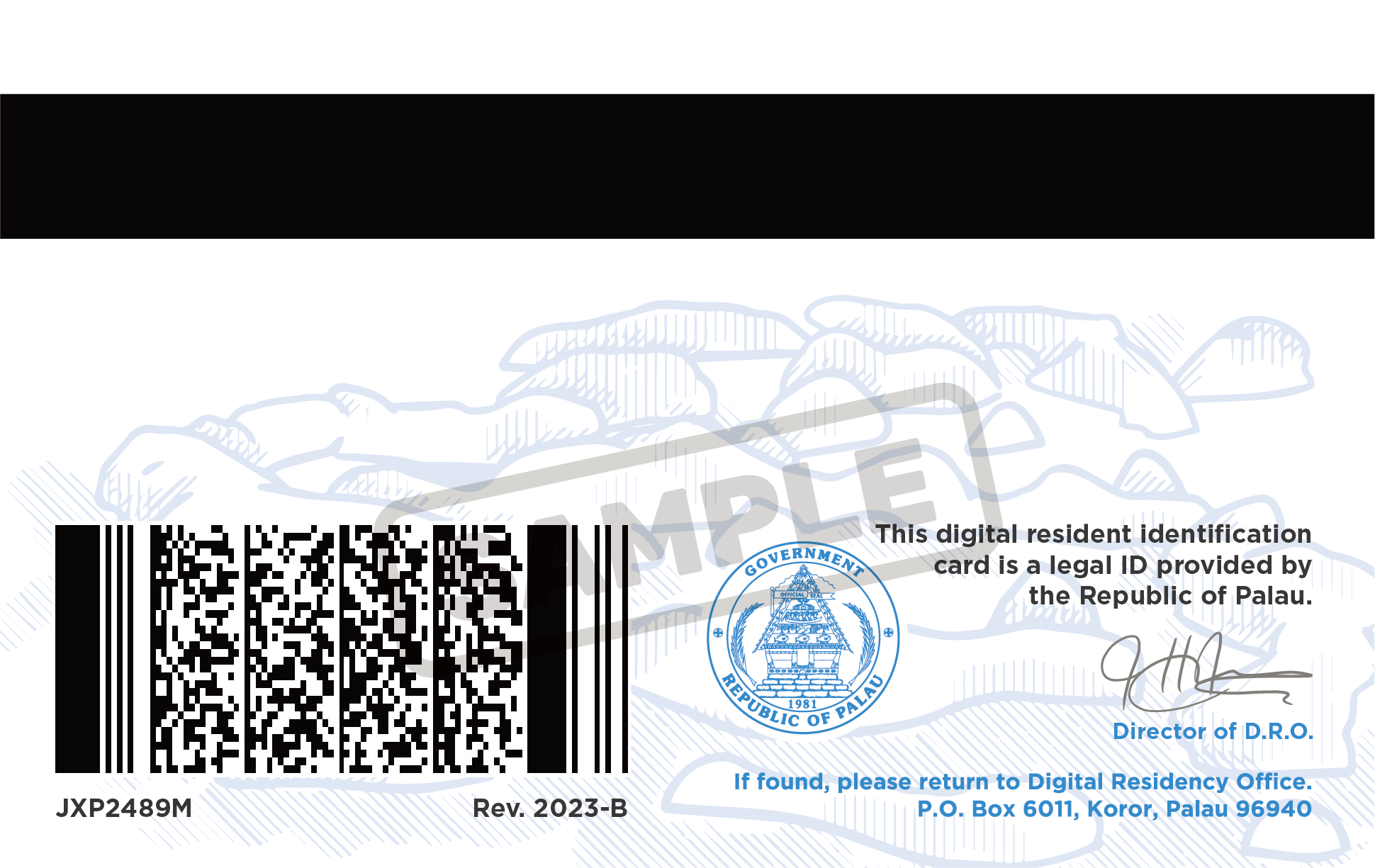 Rev. 2023-B back sample, showing the barcode, signature, revision mark, and SAMPLE watermark.