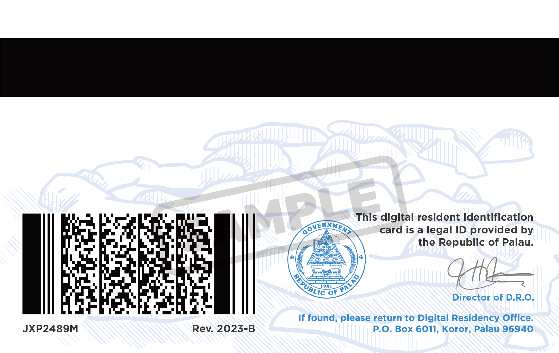 Rev. 2023-B back sample, showing the barcode, signature, revision mark, and SAMPLE watermark.