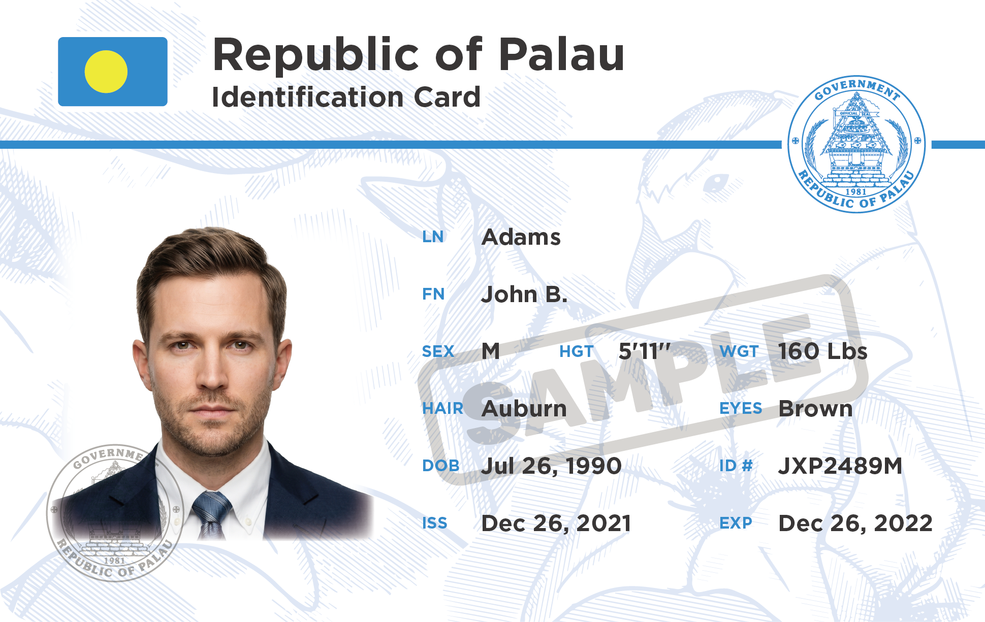 Rev. 2023-B front sample, showing abbreviated field labels and the SAMPLE watermark.