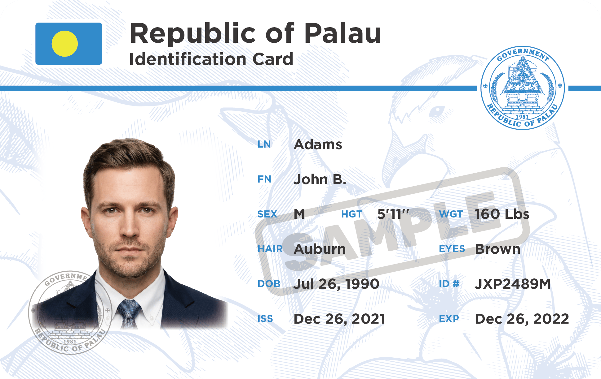 Rev. 2023-B front sample, showing abbreviated field labels and the SAMPLE watermark.