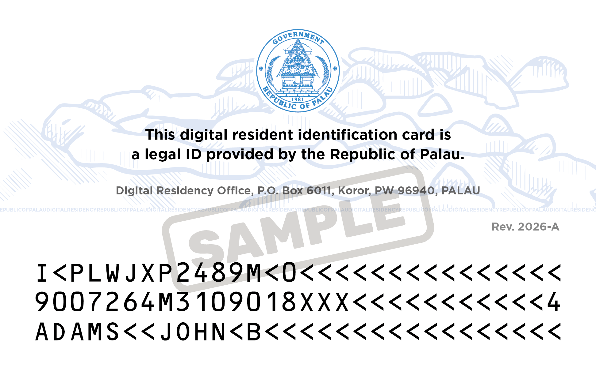Rev. 2026-A back sample, showing the revision mark, three-line MRZ, and SAMPLE watermark.