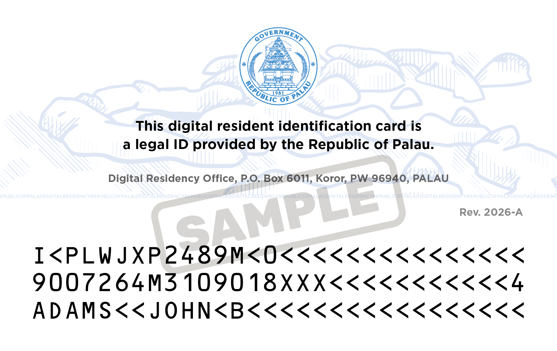 Rev. 2026-A back sample, showing the revision mark, three-line MRZ, and SAMPLE watermark.