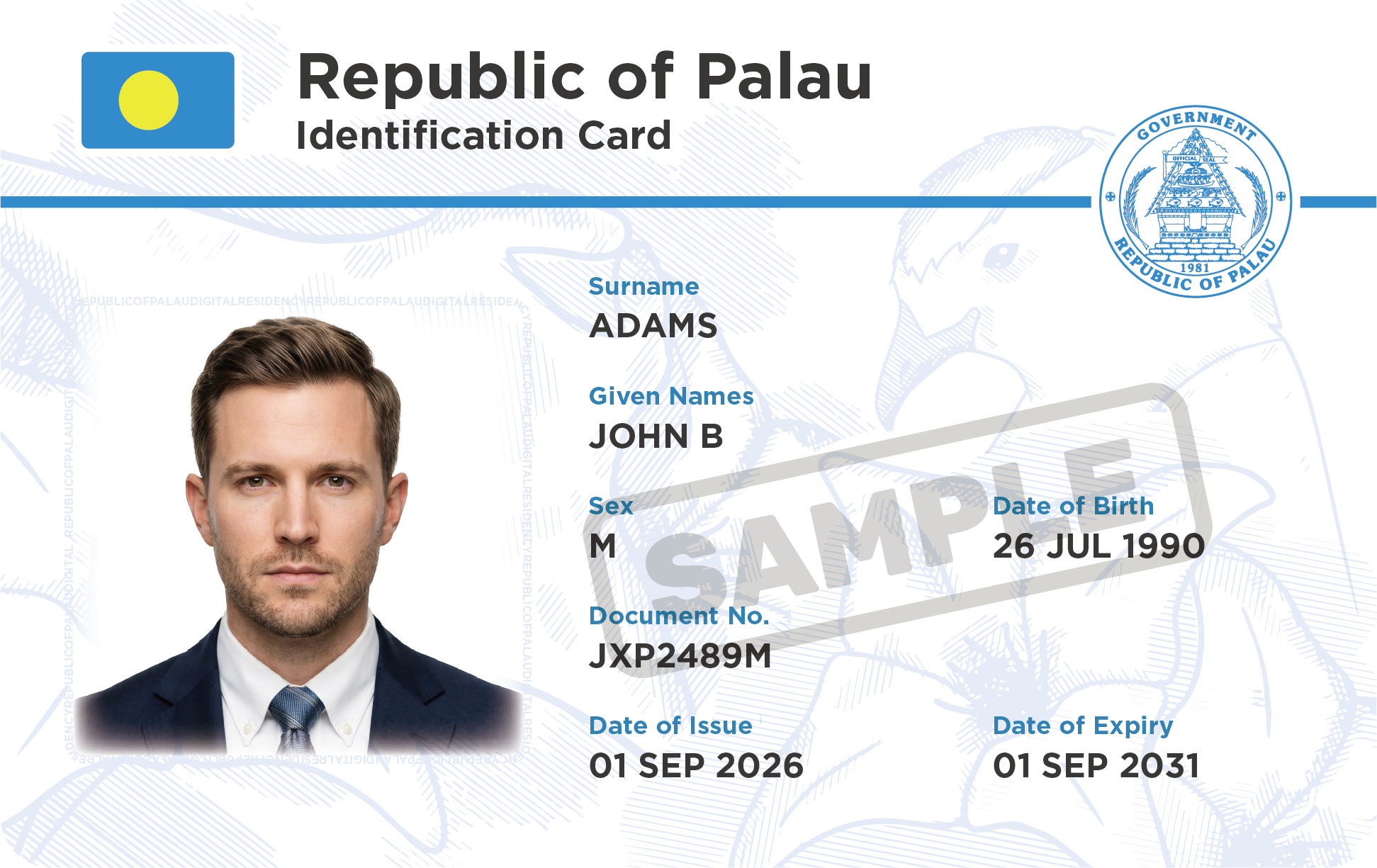 Rev. 2026-A front sample, showing expanded field labels and the SAMPLE watermark.