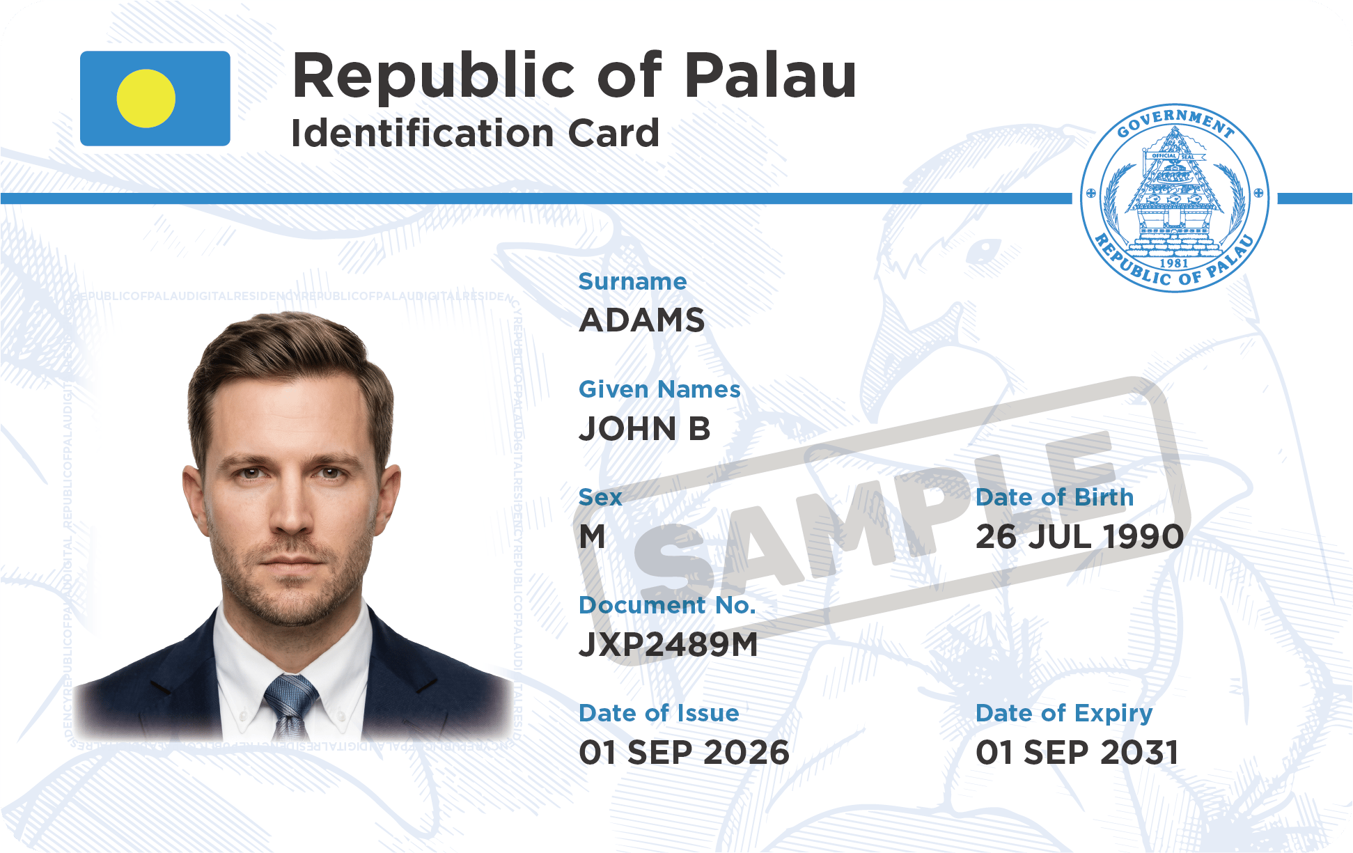 Rev. 2026-A front sample, showing expanded field labels and the SAMPLE watermark.