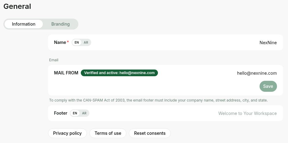 General settings, Information tab, and Reset consents in Rntor Live