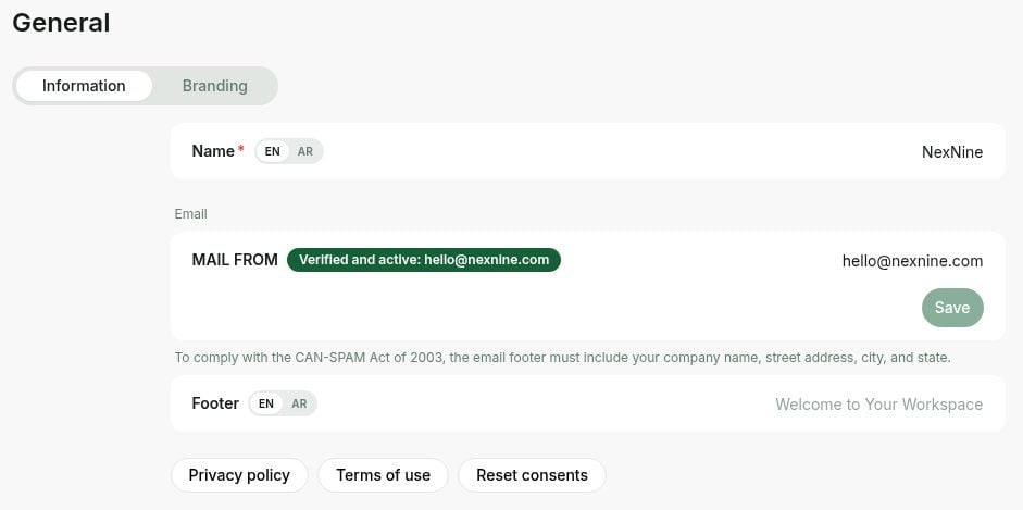 General settings, Information tab, and Reset consents in Rntor Live