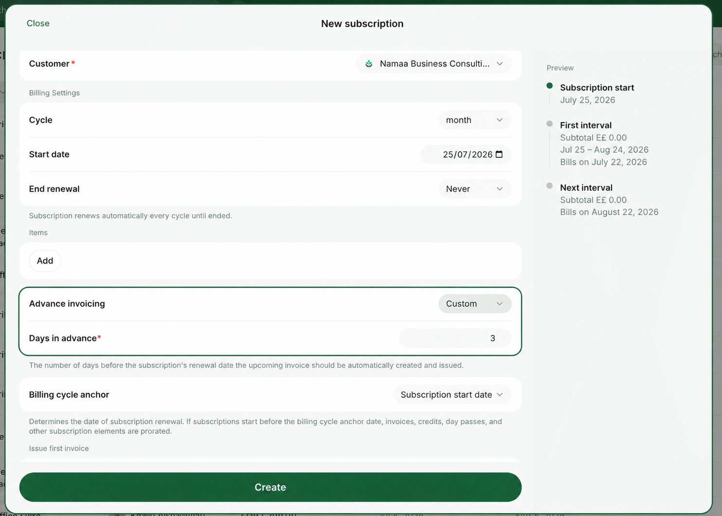 تعيين قيمة فوترة مسبقة مخصصة للاشتراك