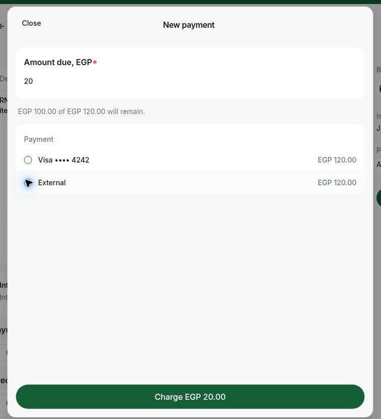 Enter an invoice payment amount and select the payment method in RNTOR