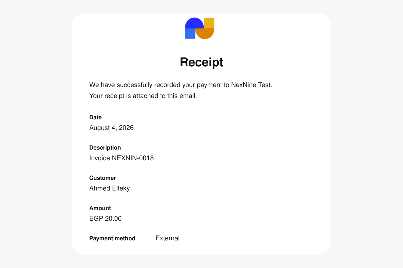 Invoice payment receipt in RNTOR