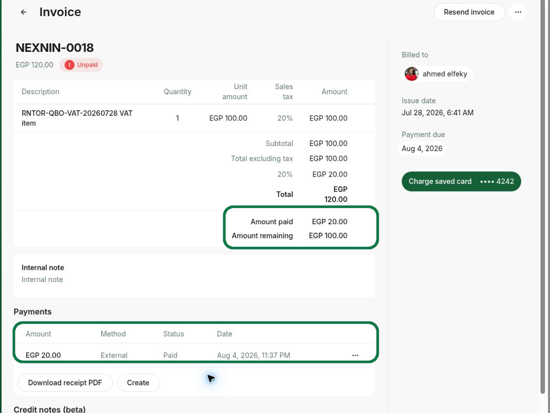 Recorded payment and updated invoice balance in RNTOR