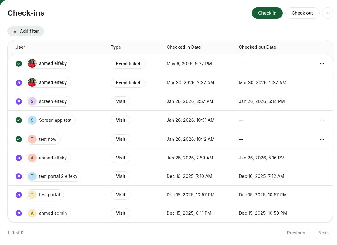 Rntor Check-ins table showing attendance records and the Add filter control