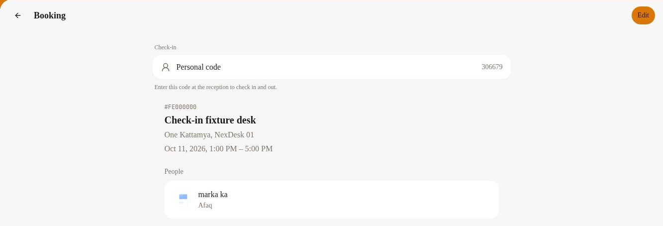 Rntor member booking details with the signed-in person's check-in code