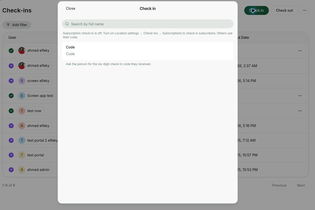Rntor Check in dialog with member search and six-digit code entry