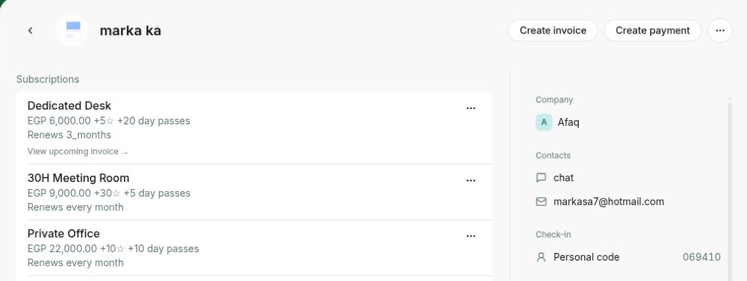 Rntor staff view of a member profile showing the personal check-in code