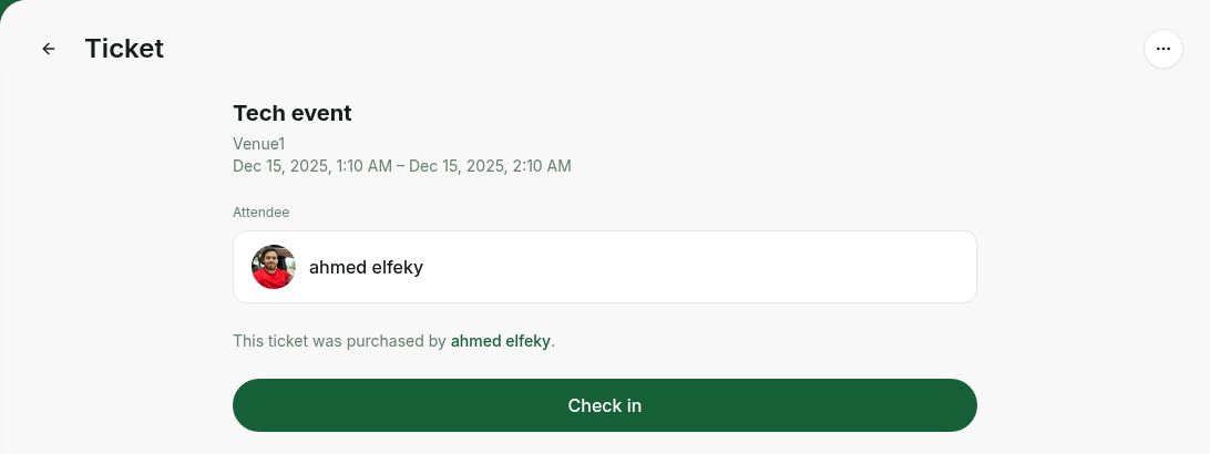 Rntor attendee ticket with the Check in button