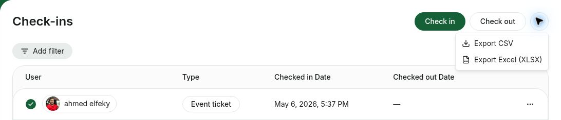 Rntor Check-ins export menu with CSV and Excel options
