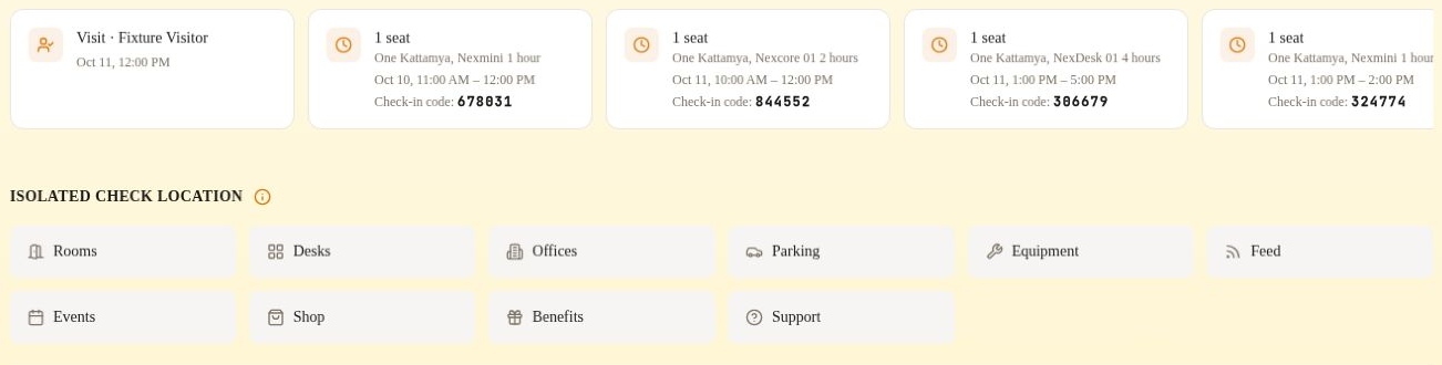 Rntor member home page showing upcoming bookings and their check-in codes