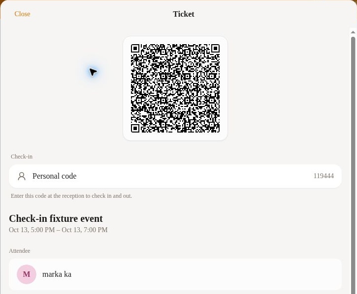 Rntor member event ticket showing the QR code and separate six-digit check-in code