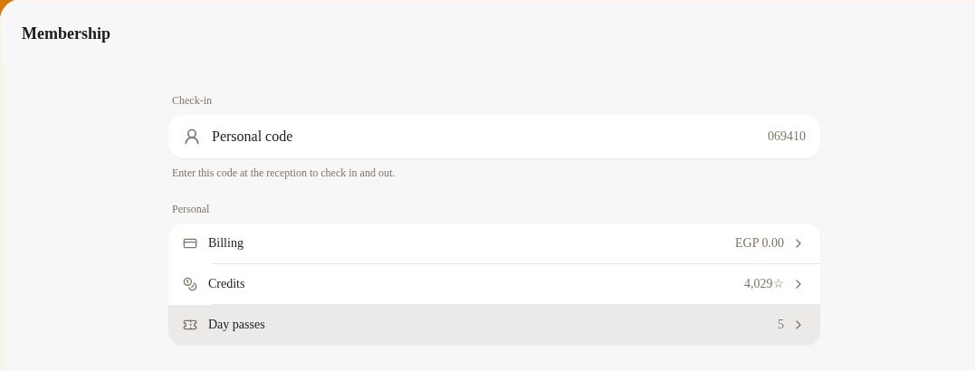 Rntor Membership page showing the member's personal check-in code