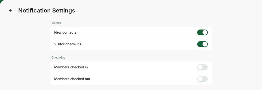 Rntor notification settings for members checked in and members checked out