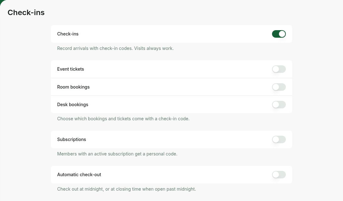 Rntor Check-ins settings with attendance types and automatic check-out