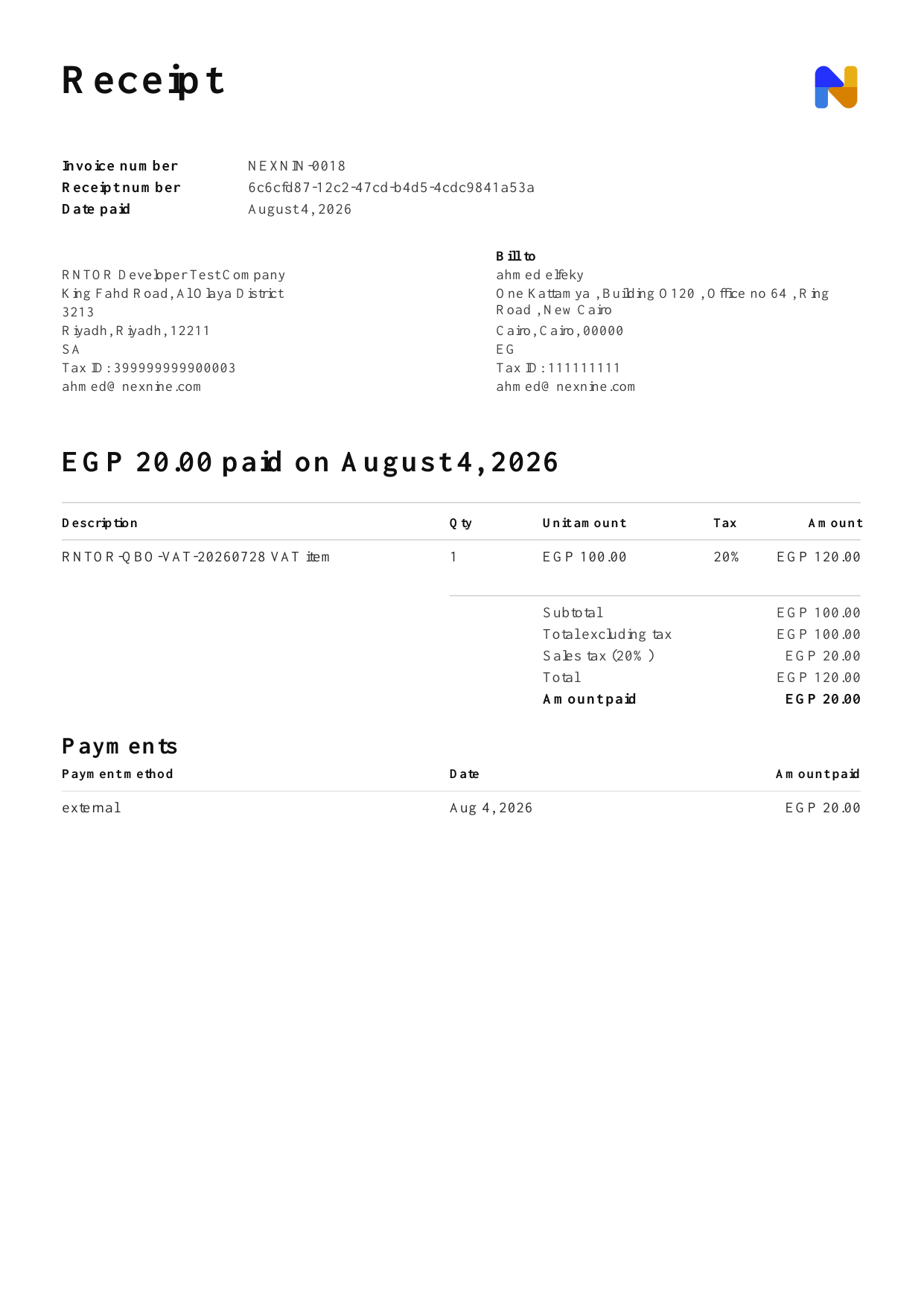A receipt PDF generated by RNTOR