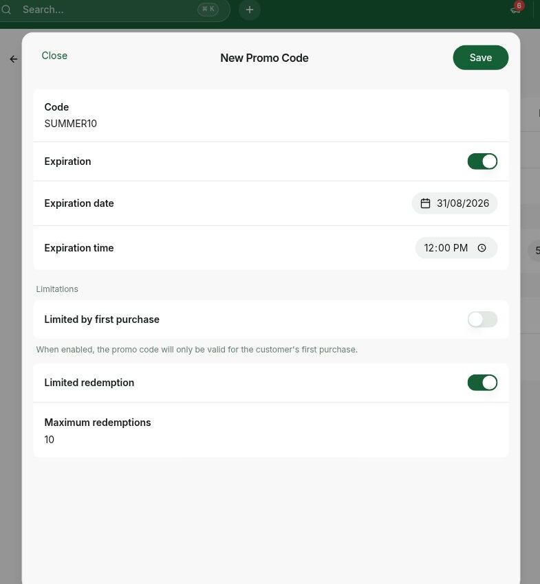 Configure a new promo code in RNTOR