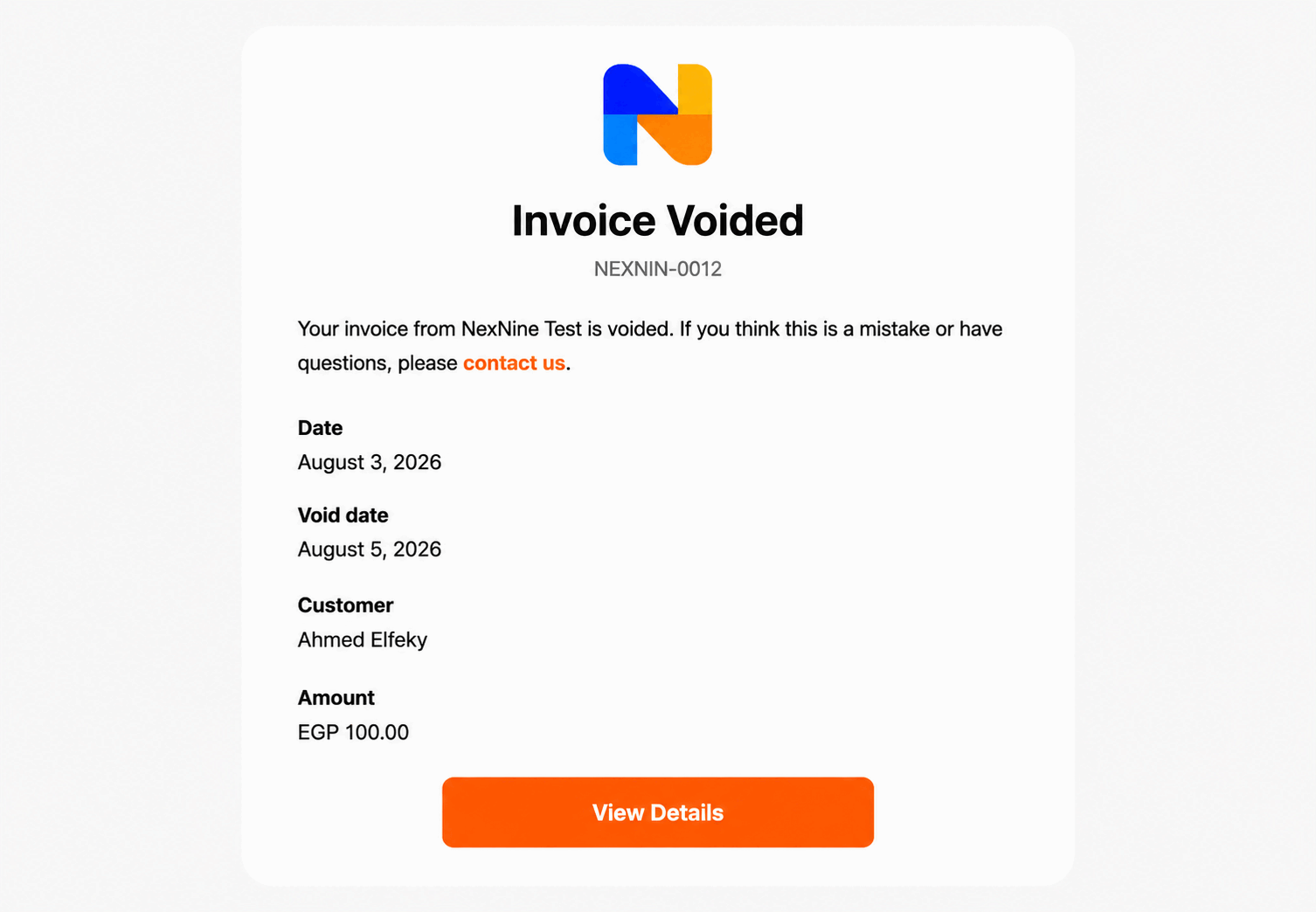 Invoice voided confirmation email in RNTOR