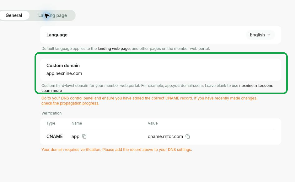 Set up a custom domain on RNTOR's coworking space management platform