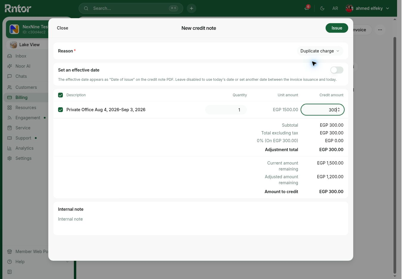 Create a new credit note in RNTOR