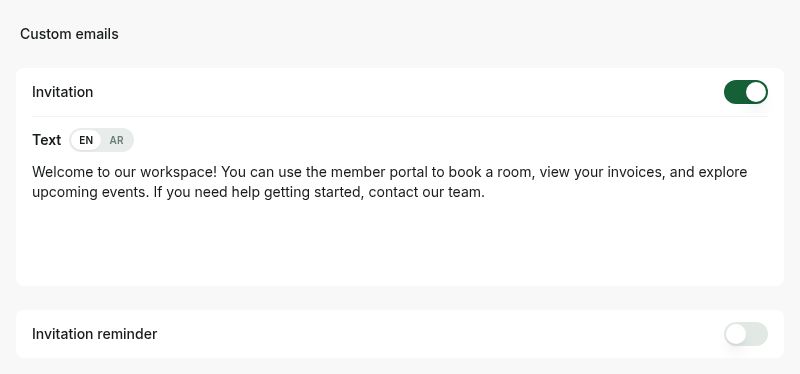 Custom member invitation text in Rntor