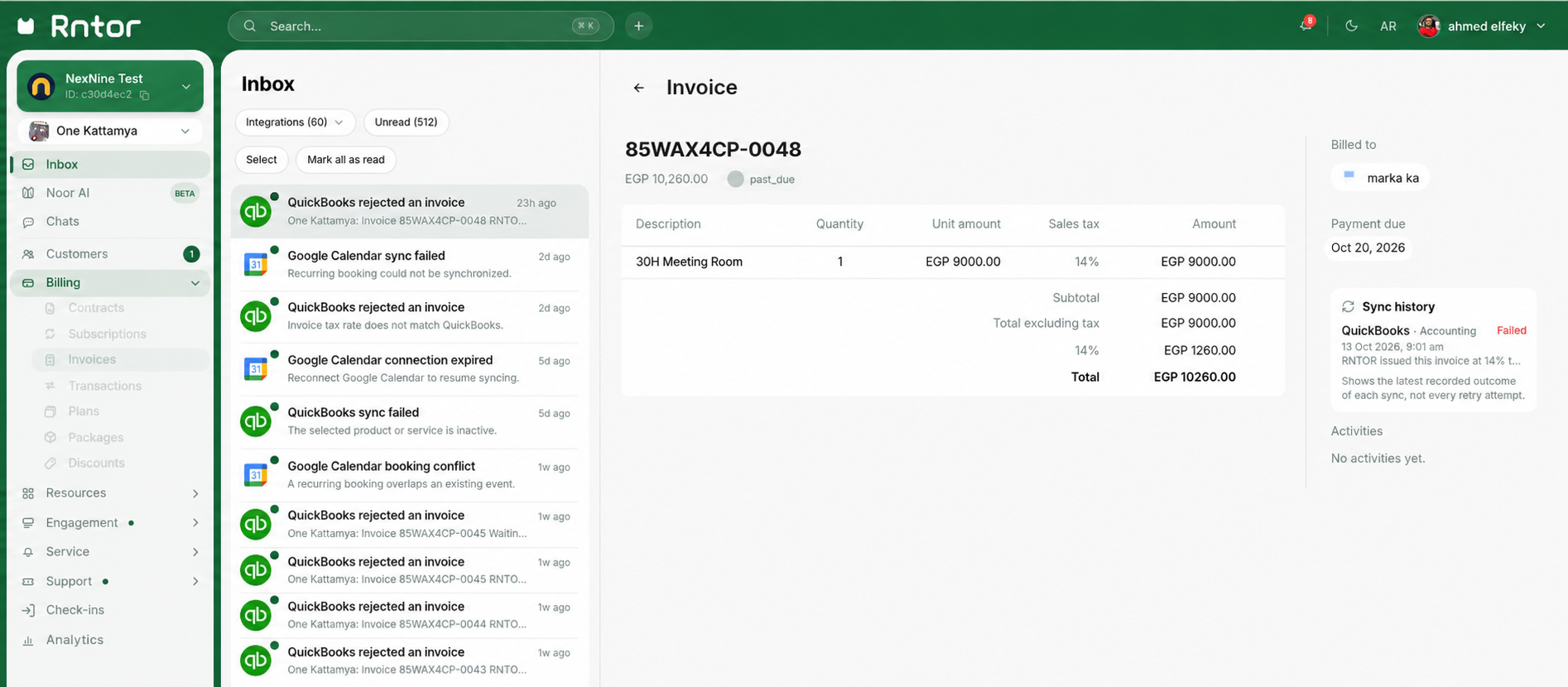 Example Google Calendar and QuickBooks alerts in the Rntor Inbox