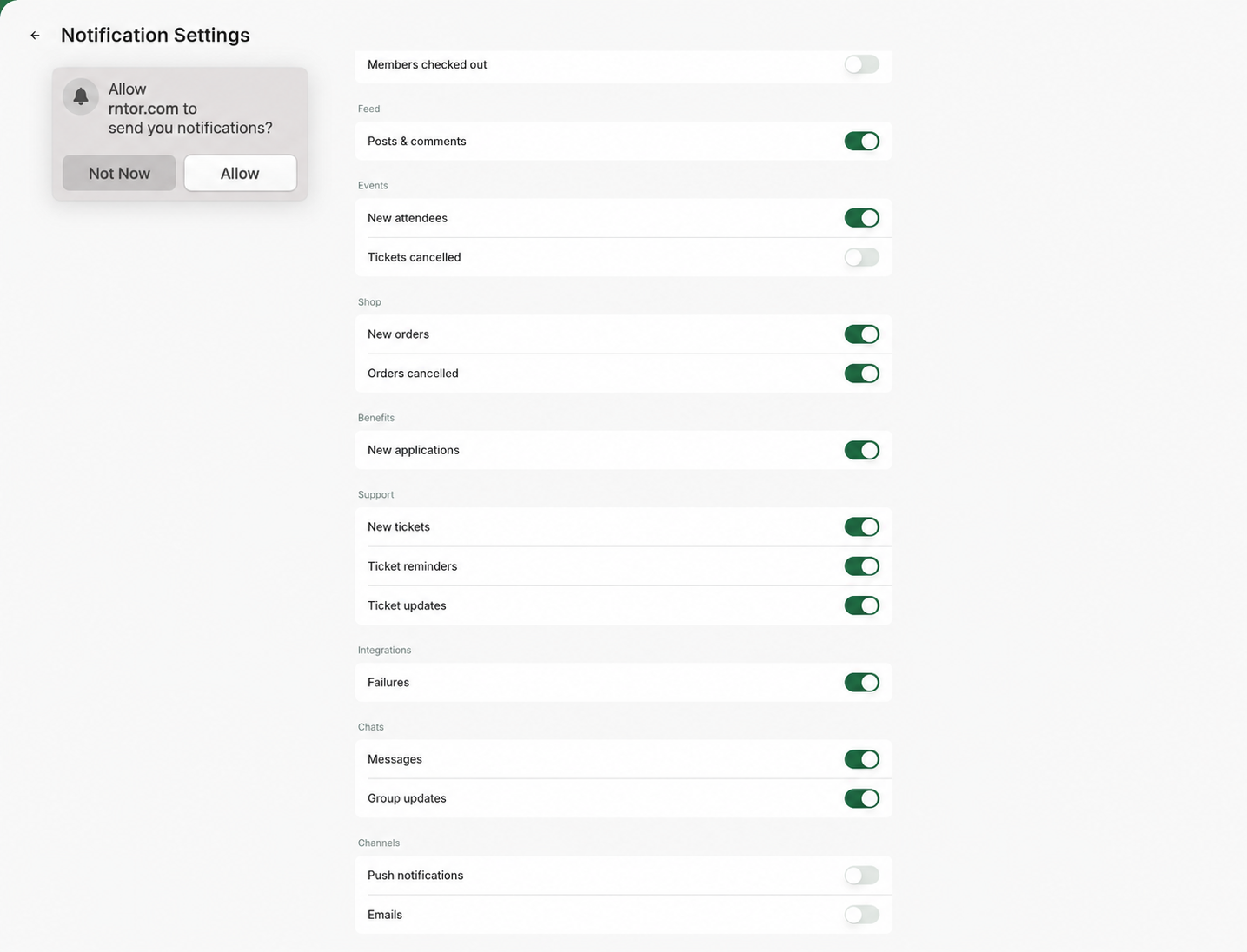 Allow notifications prompt above Rntor notification settings