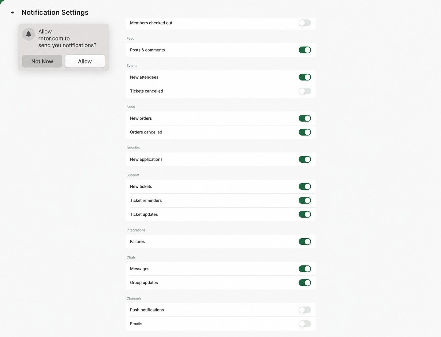 Allow notifications prompt above Rntor notification settings