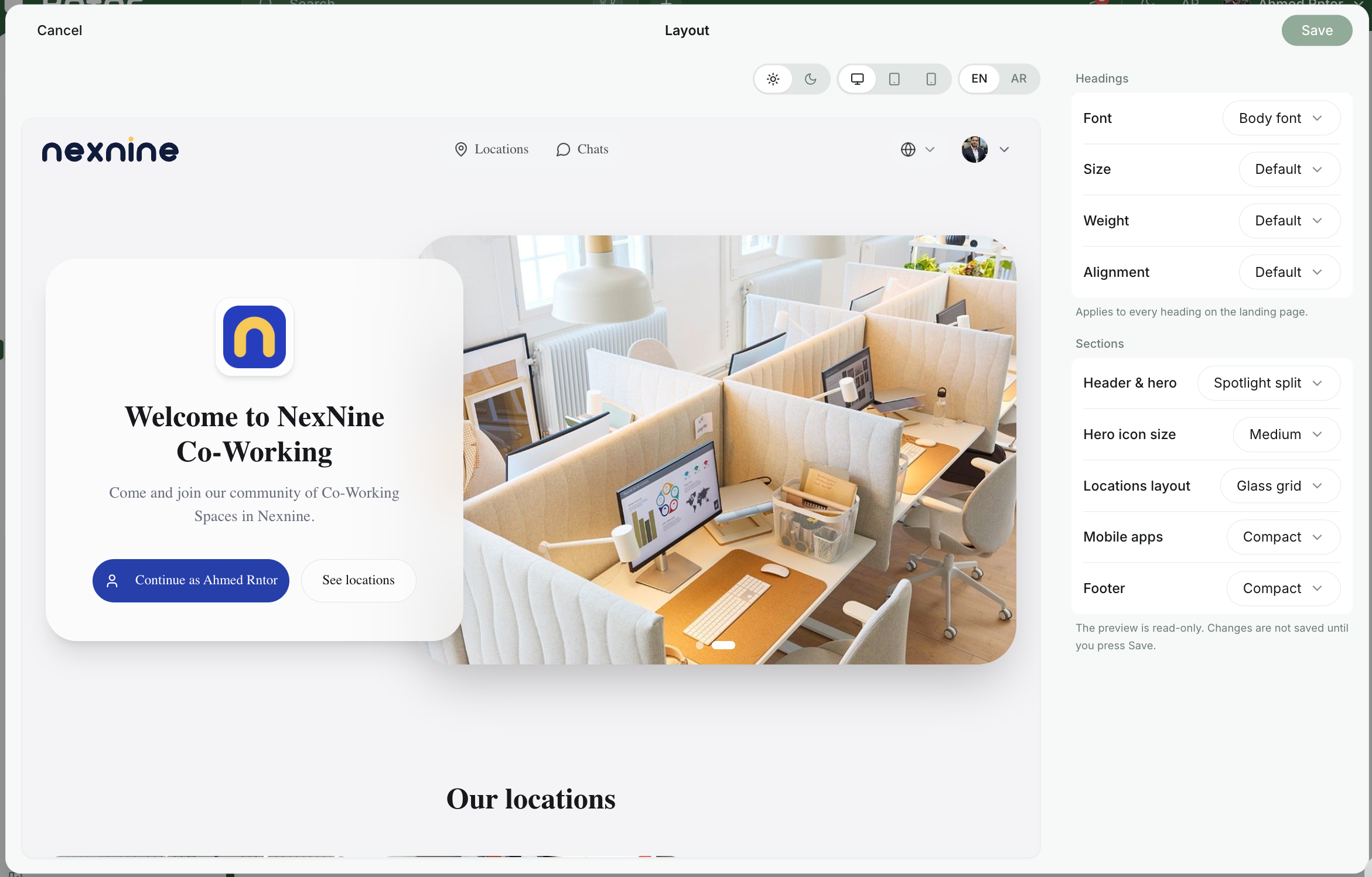 Layout editor with the Headings and Sections settings