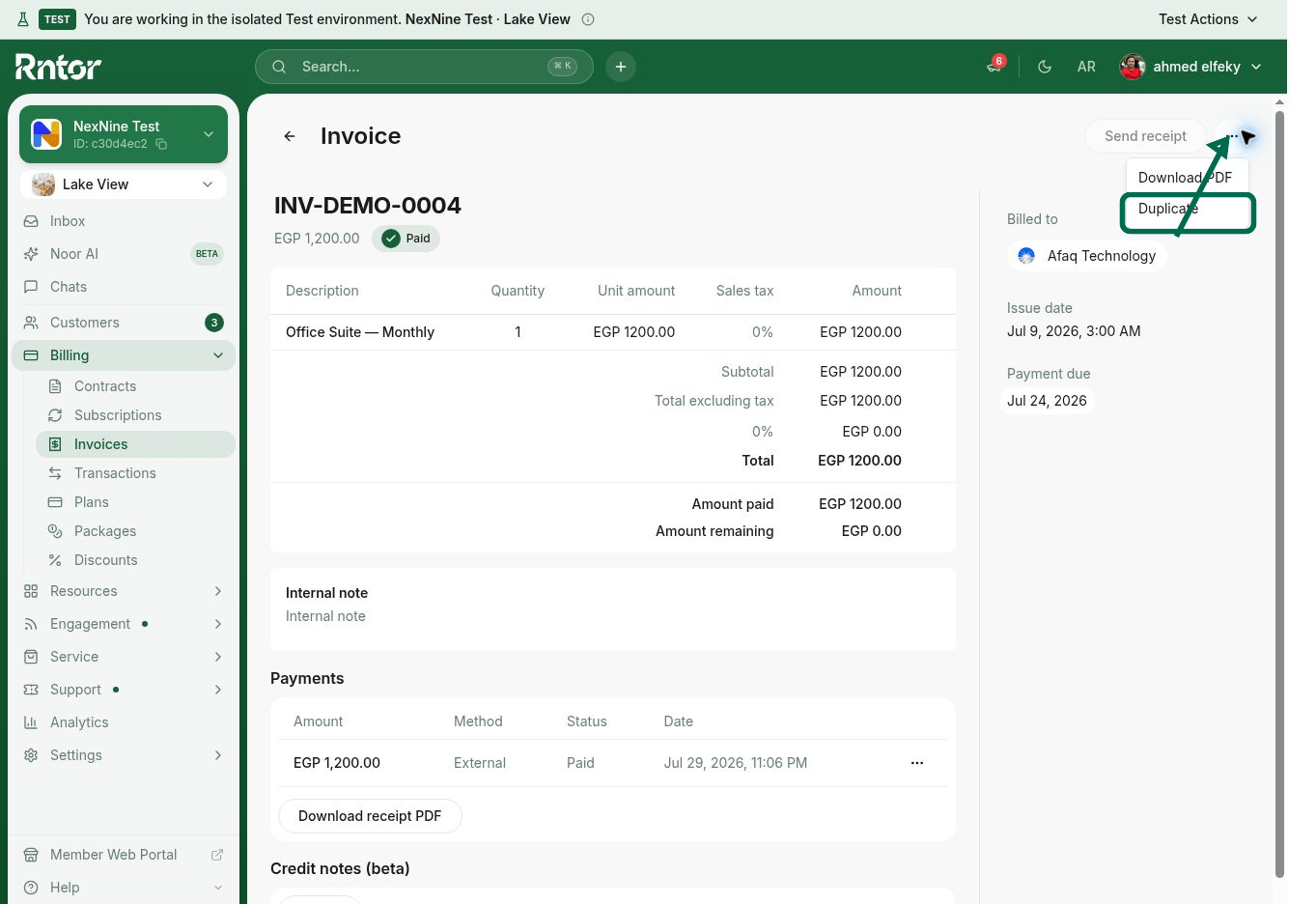 Duplicate a manually created one-off invoice in RNTOR