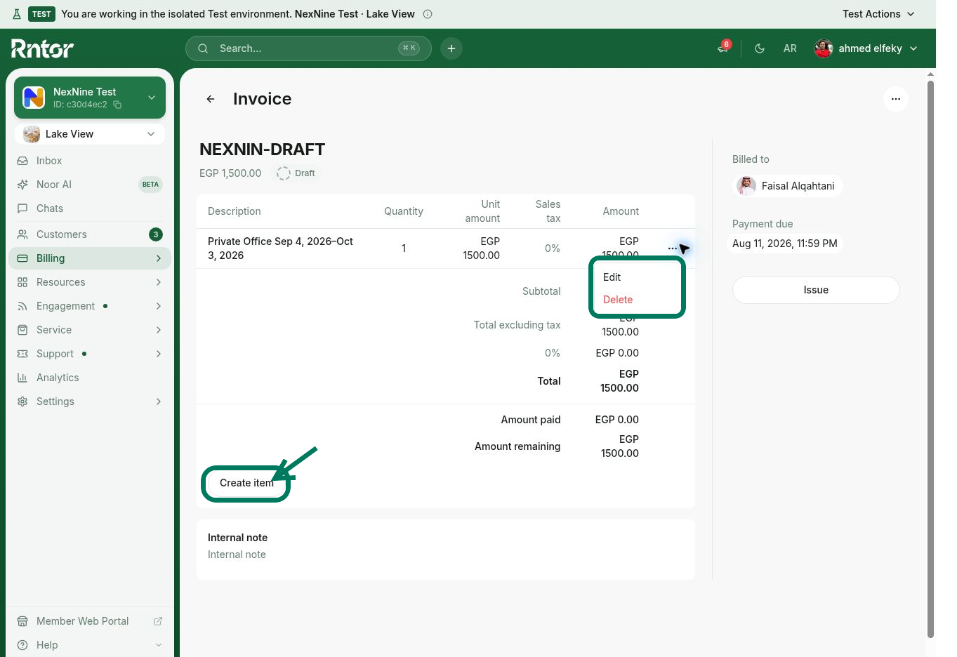 Edit draft invoice items and payment due date in RNTOR