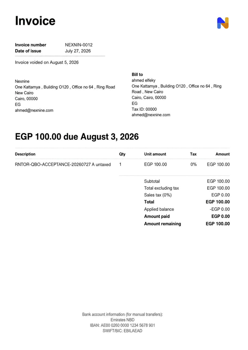 Void date displayed on a voided invoice PDF in RNTOR