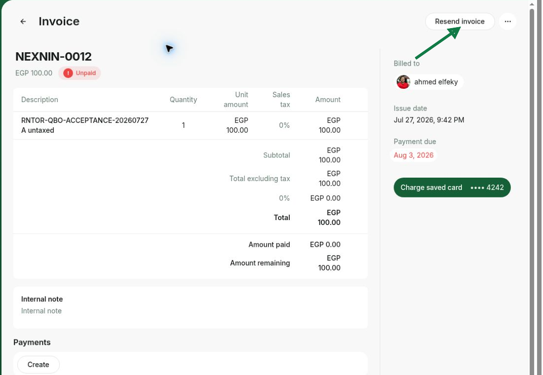 Manually resend an unpaid invoice to a customer in RNTOR