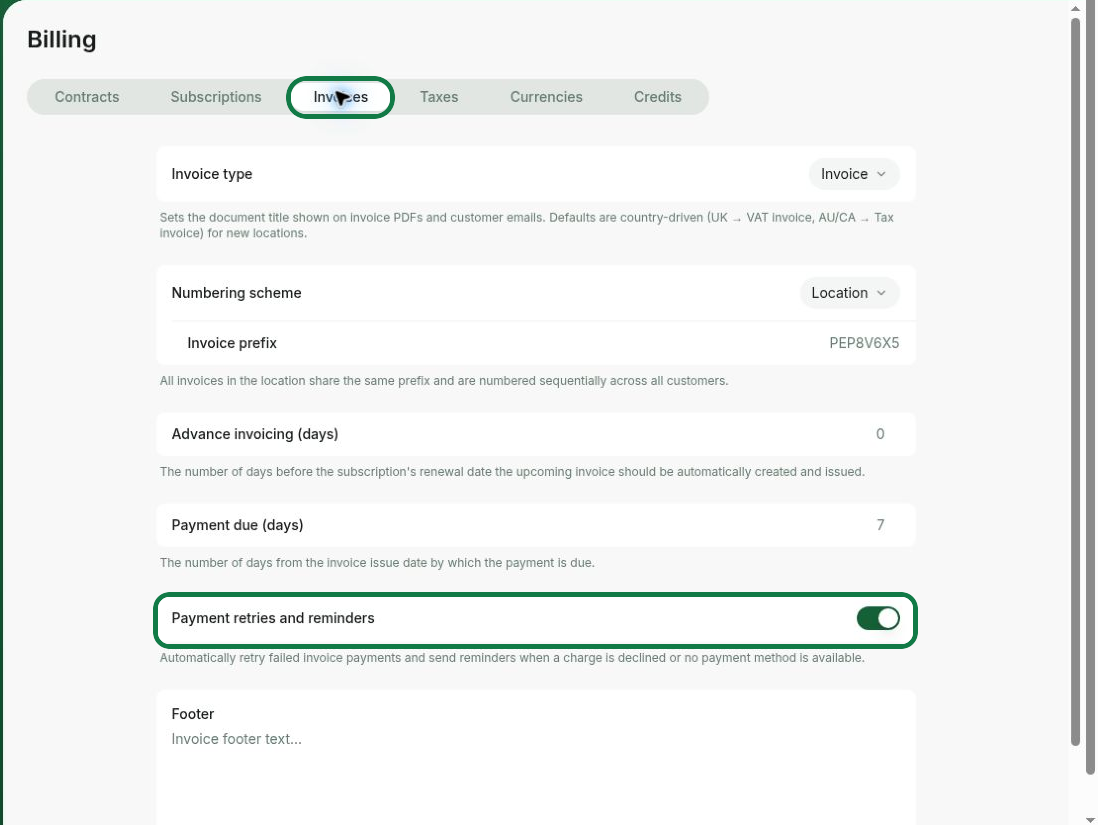 Enable payment retries and reminders in RNTOR location billing settings