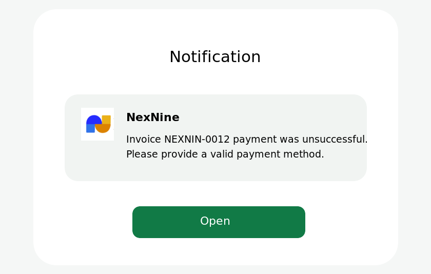 Unsuccessful invoice payment retry email in RNTOR