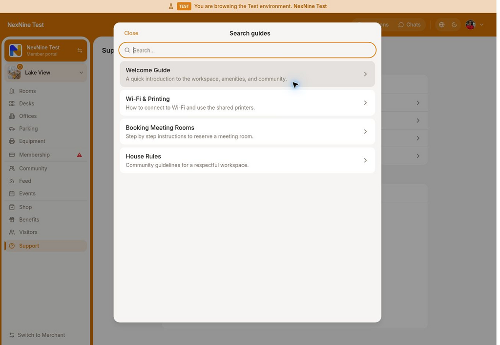Search guides on RNTOR coworking space management platform