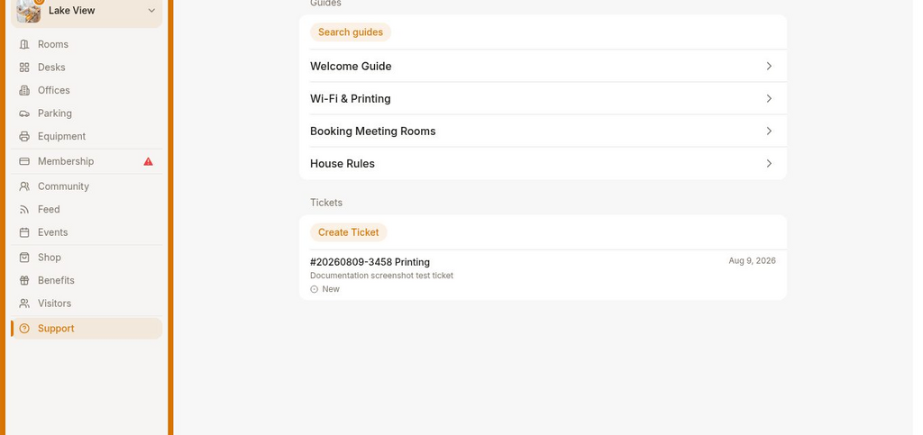 Create support ticket on RNTOR coworking space management platform