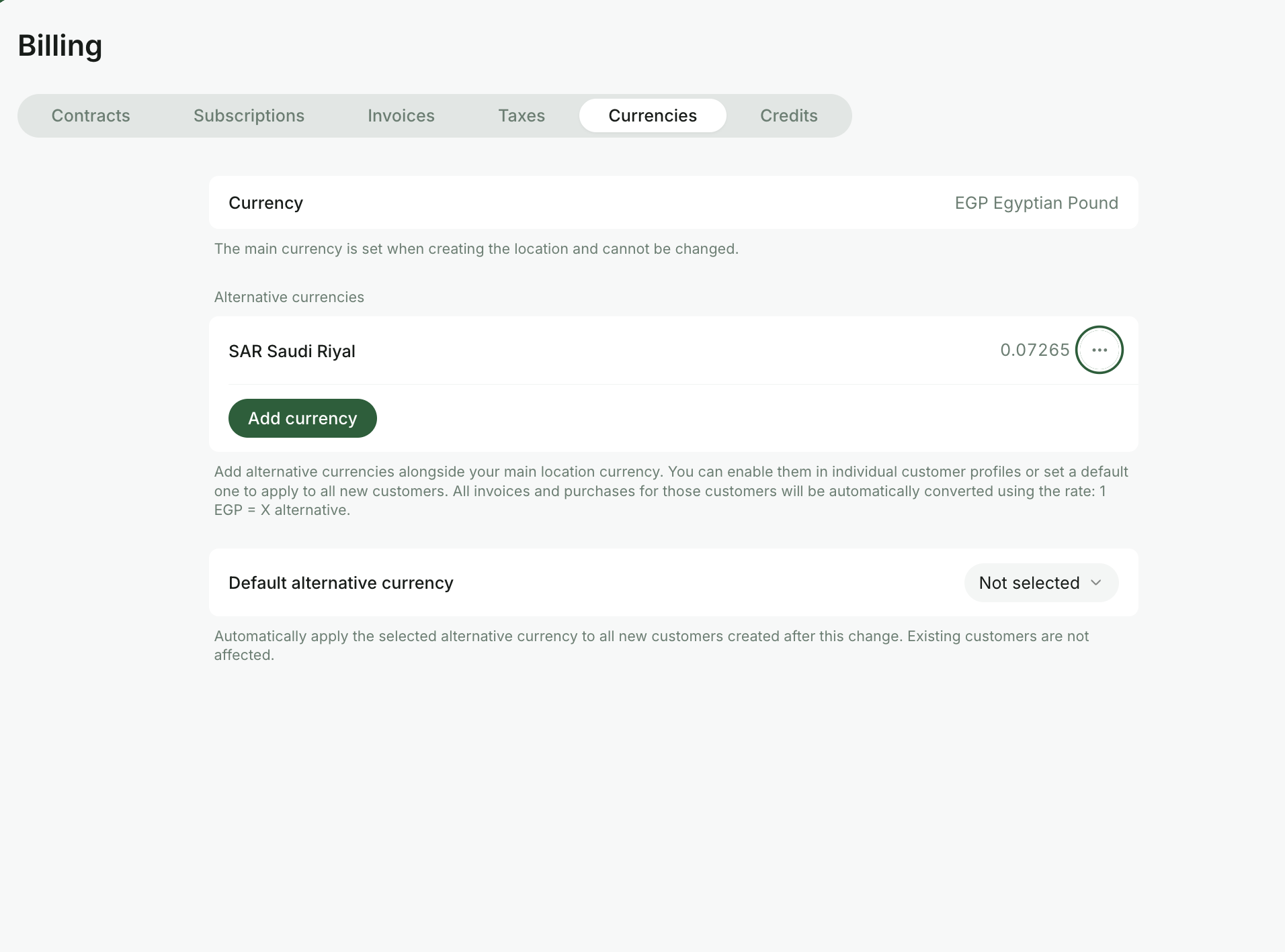 Add an alternative currency in RNTOR location billing settings