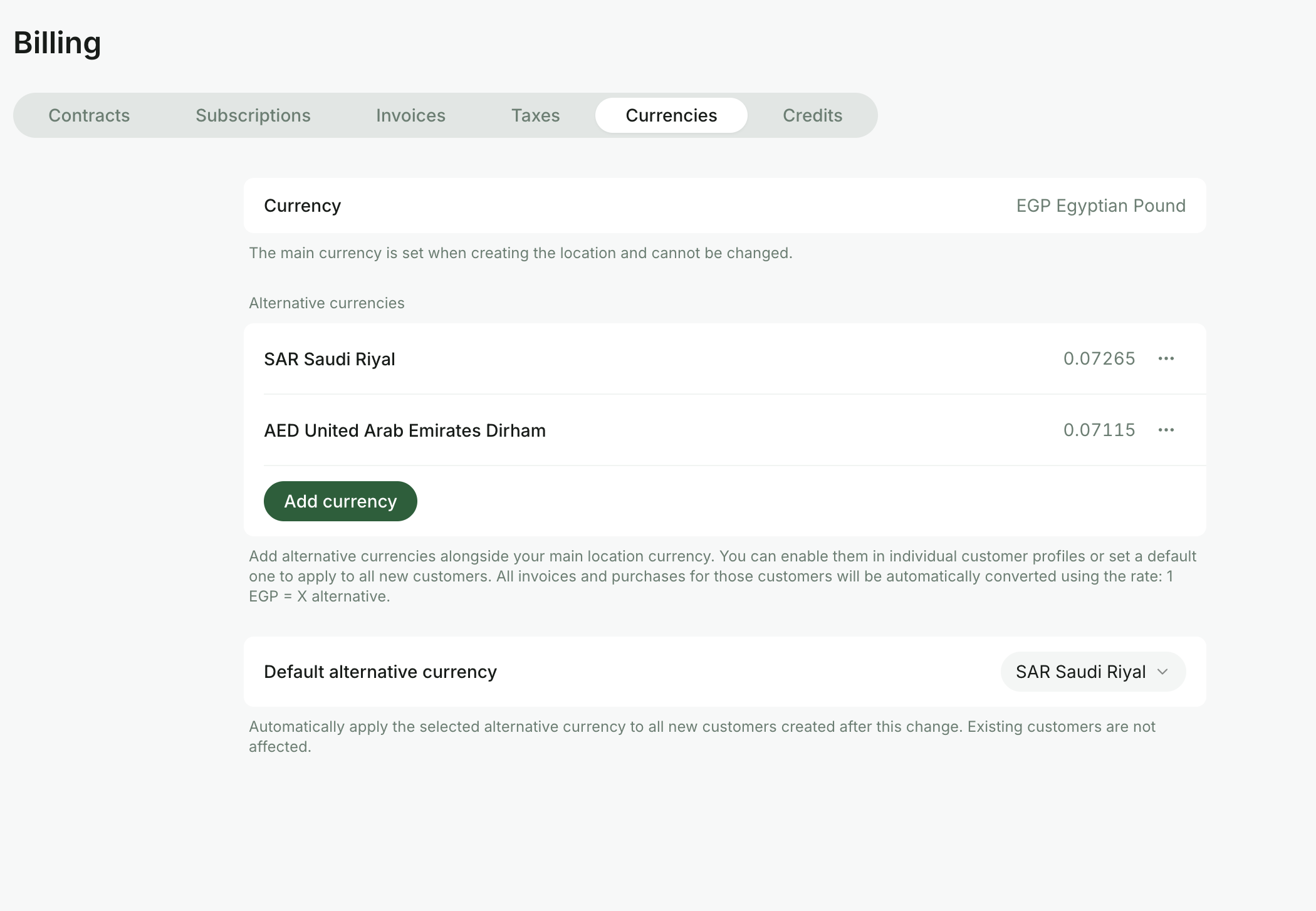 Select a default alternative currency in RNTOR
