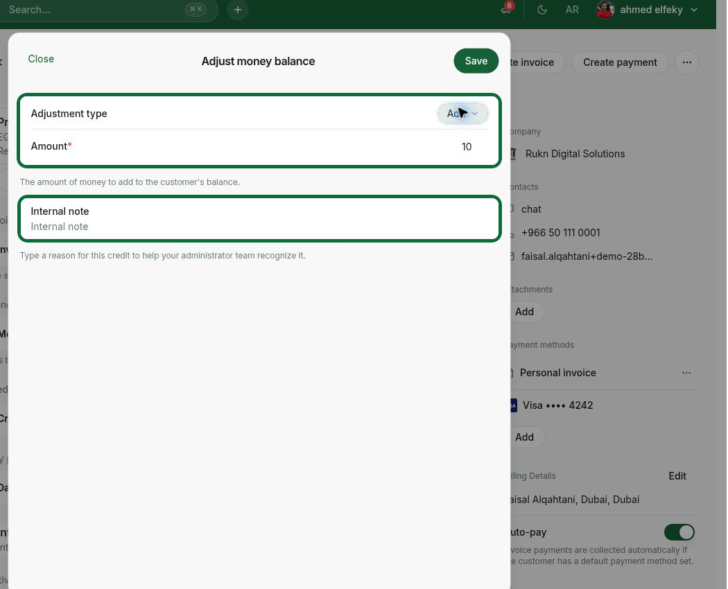 Manually add or deduct funds from a customer’s money balance in RNTOR