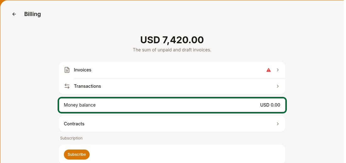 Customer money balance displayed on the Billing page in RNTOR