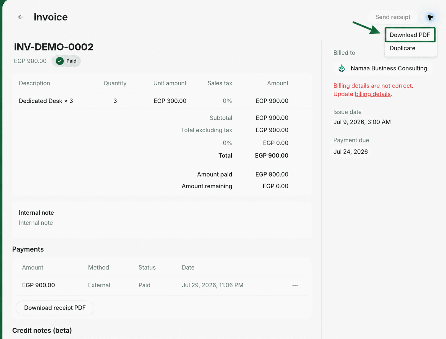 Download an invoice PDF from the RNTOR admin portal